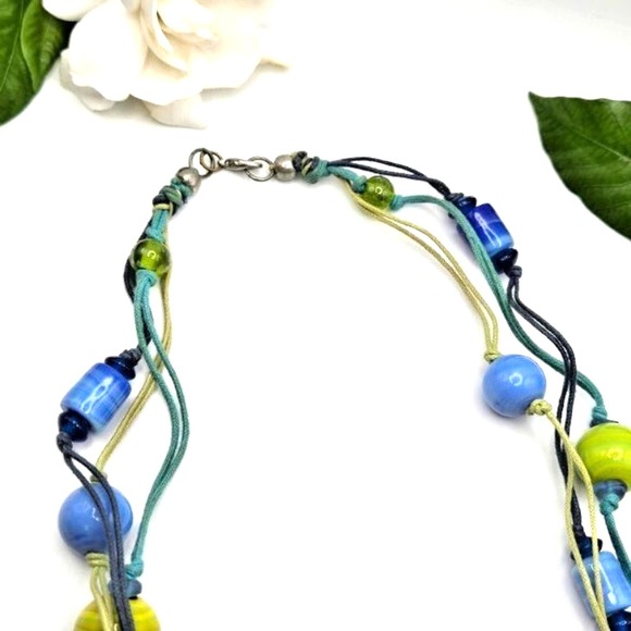 Bright Blue and Green 27" Long Ceramic and Glass Beaded Y-Drop‎ Cord Necklace - Picture 3 of 6